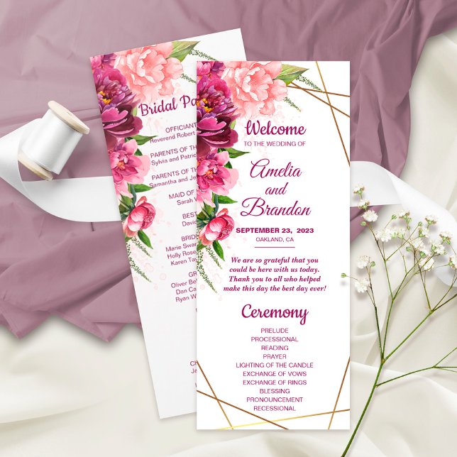 Peonies Faux Gold Foil Rustic Weding Program (Criador carregado)