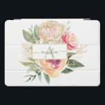 Peony e Flores Douradas Nome do Monograma<br><div class="desc">Projetada para coordenar com a nossa coleção Peony e Dourada, esta capa de ipad monográfica personalizável que combina monogramas apresenta flores rosas e douradas e folhagem verde com caracteres clássicos. Para personalização mais avançada deste design, clique no botão "PERSONALIZAR" acima. Por favor note que a folha de ouro é um...</div>