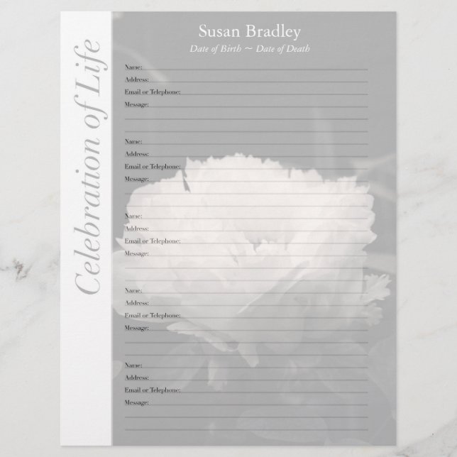 Peony Memorial Guest Book Binder Filler Páginas (Frente)