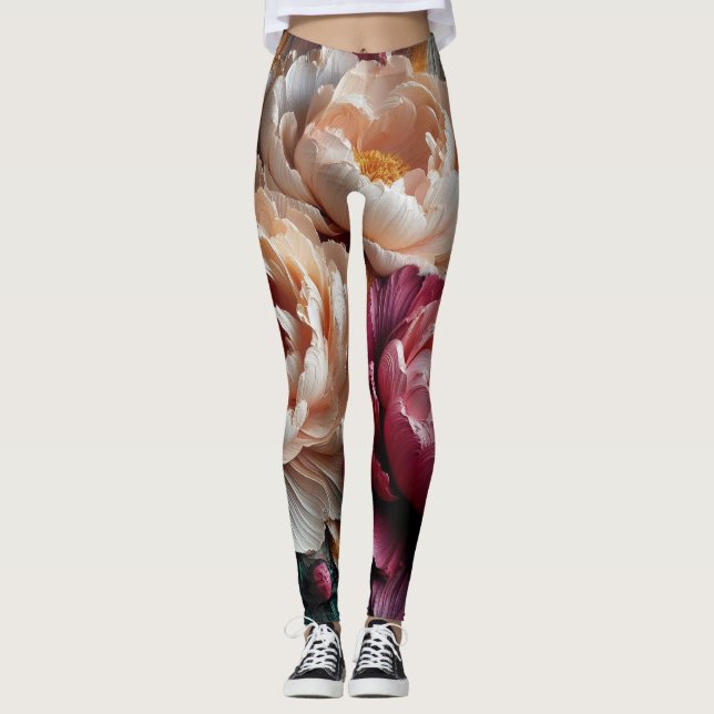 Peony Rosa Leggings Floral Impressão (Frente)