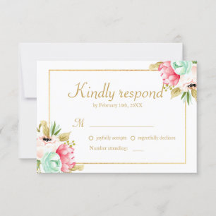Peony Watercolor Elegant Dourada Frame Weding RSVP