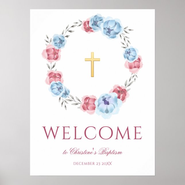 Peony Wreath Watercolor Bem-vindos Baptism Poster (Frente)