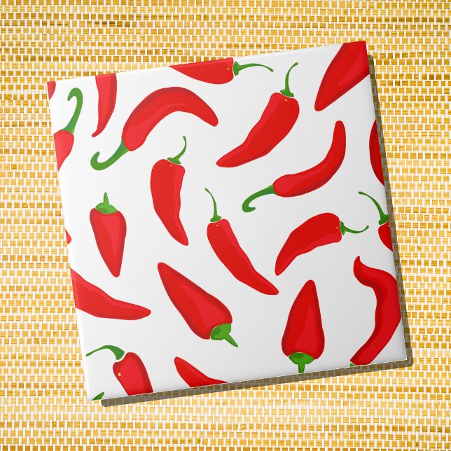 Peppers Red Chili em Branco (Red Chilli Pepper Patterned Ceramic Wall Tile)