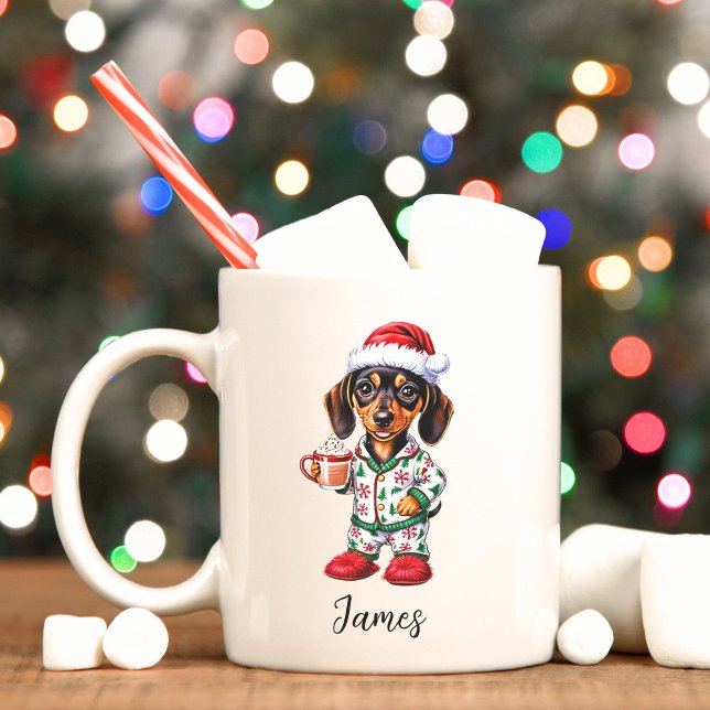 Pequena e bonita caneca de Natal Dachshund (Personalized Dachshund wiener dog Christmas mug.)