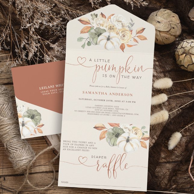 Pequena Fralda de outono de Abóbora Raffle (Rustic Little Pumpkin on the way all in one invitation with diaper raffle attached baby shower.)