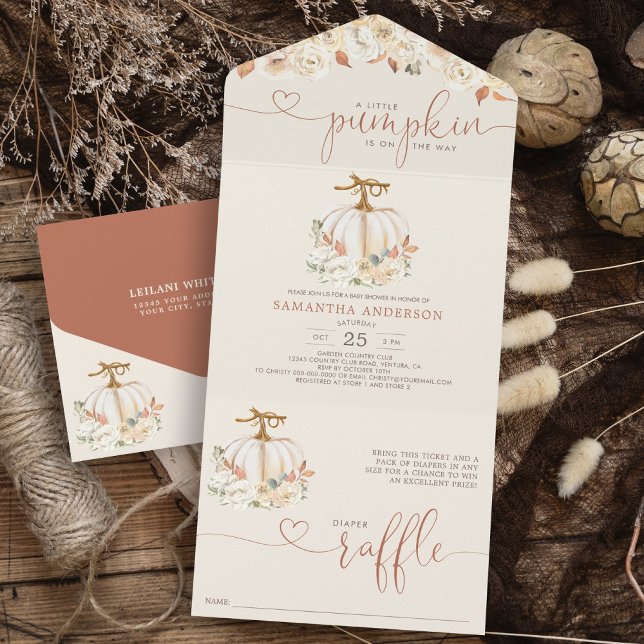 Pequena Fralda de outono de Abóbora Raffle (Rustic Little Pumpkin on the way all in one invitation with diaper raffle attached baby shower.)