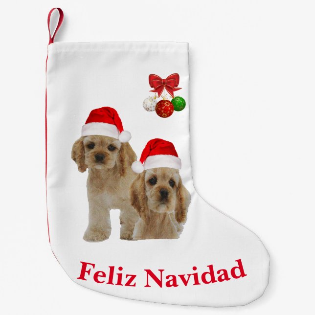 Pequena Meia de Natal Cocker spaniel Feliz Navidad (Frente)
