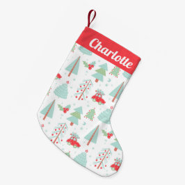 Pequena Meia de Natal com Árvore de Natal em Carrinho Verm