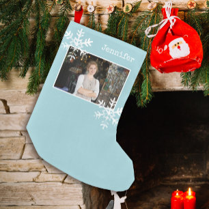 Pequena Meia de Natal com Foto Personalizada de Floco de N