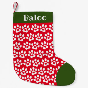 Pequena Meia de Natal Impressão de Pata de Cachorro Vermel