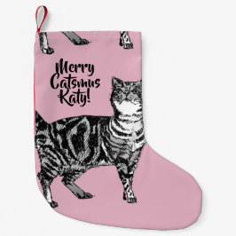 Pequena Meia de Natal Rosa Gato Listrado Feliz Catsmus