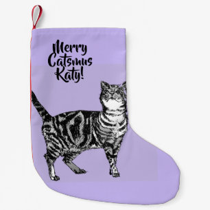 Pequena Meia de Natal Roxa Gato Malhado Merry Catsmus