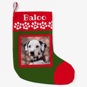 Pequena Meia de Natal Vermelha e Verde com Foto de Cachorr