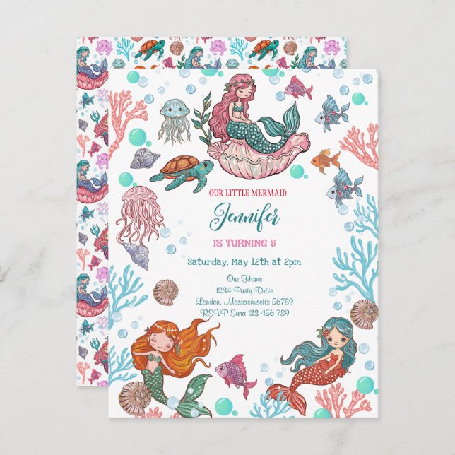 Pequena Sereia Bonita Convite de Aniversário (Frente/Verso)