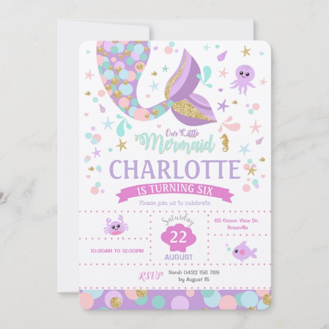 Pequena Sereia Meninas Convite de Aniversário (Frente)