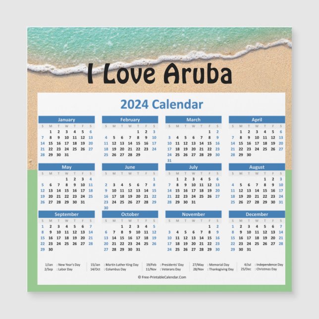 Pequeno Aruba 2024 Calendário Magnético Anual (Frente)