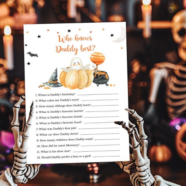 Pequeno Boo Pumpkin que conhece o melhor jogo do P (Pumpkin Halloween Baby Shower Who knows Daddy Best Game)