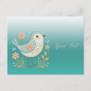 Pequeno cartão postal verde com bordado floral de 