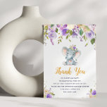 pequeno cartões de agradecimentos de chá de fralda<br><div class="desc">cartões de agradecimentos chá de fraldas com lindos roteiros,  flores roxas e um adorável elefante bebê. O texto e as cores podem ser personalizados.</div>