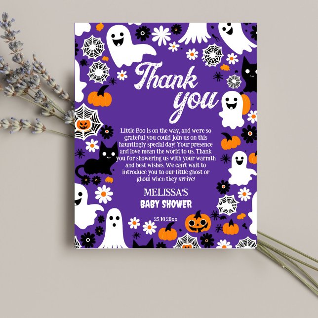 Pequeno cartões de agradecimentos de chá de fralda (Halloween baby shower thank you card purple groovy retro daisy cute ghosts pumpkins daisies thanks)