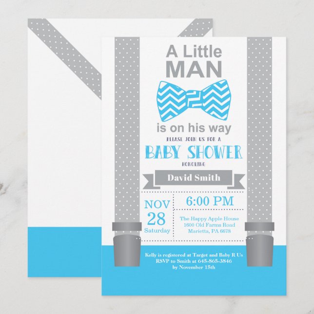 Pequeno Chá de fraldas Convite Azul e Cinzas (Frente/Verso)