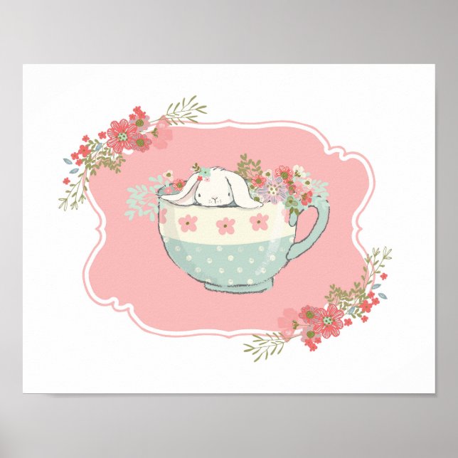 Pequeno coelho em um Poster de Arte Rosa Teacup (Frente)