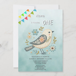 Pequeno Convite de aniversário Floral de Ave Verde