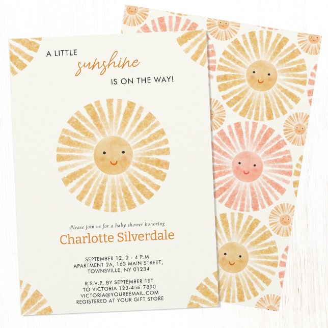 Pequeno Convite para Chá de fraldas à Luz do Sol (Little Sunshine watercolor baby shower invitation with custom text )