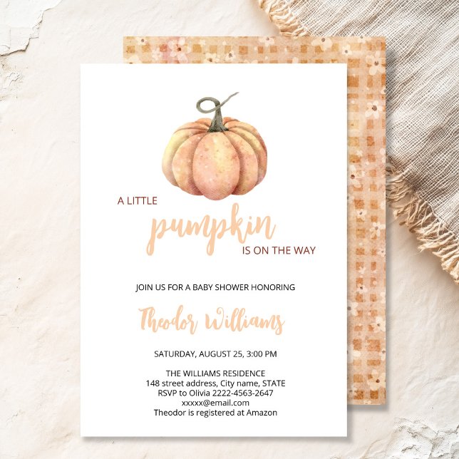 Pequeno Convite para Chá de fraldas de Abóbora | T (Little Pumpkin Baby Shower Invitation – Fall Autumn Gender Neutral Invite)