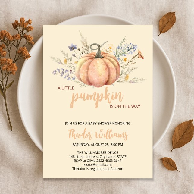 Pequeno Convite para Chá de fraldas de Abóbora | T (Little Pumpkin Baby Shower Invitation – Fall Autumn Gender Neutral Invite)