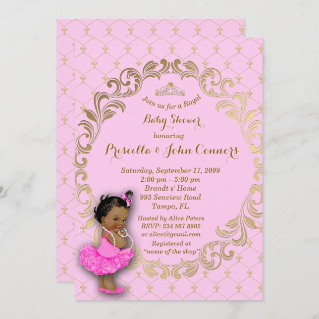 Pequeno Convite para Chás de fraldas da Princesa,  (Frente/Verso)