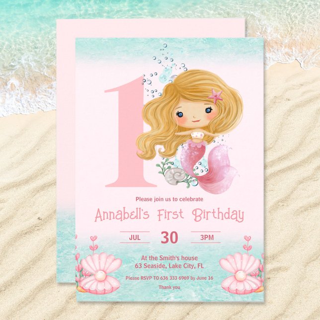 Pequeno convite para primeiros aniversarios cor-de (1st Birthday invitation with a cute mermaid )