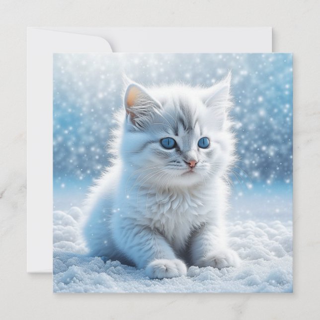 Pequeno Gatinho Branco na Neve Natal (Frente)