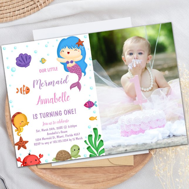 Pequeno herdeiro Azul Sereia Convites com Foto (Little Blue heir Mermaid Invitations with photo)