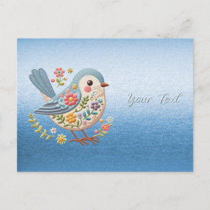 Pequeno Pássaro Floral Bordado Cartão Postal Azul