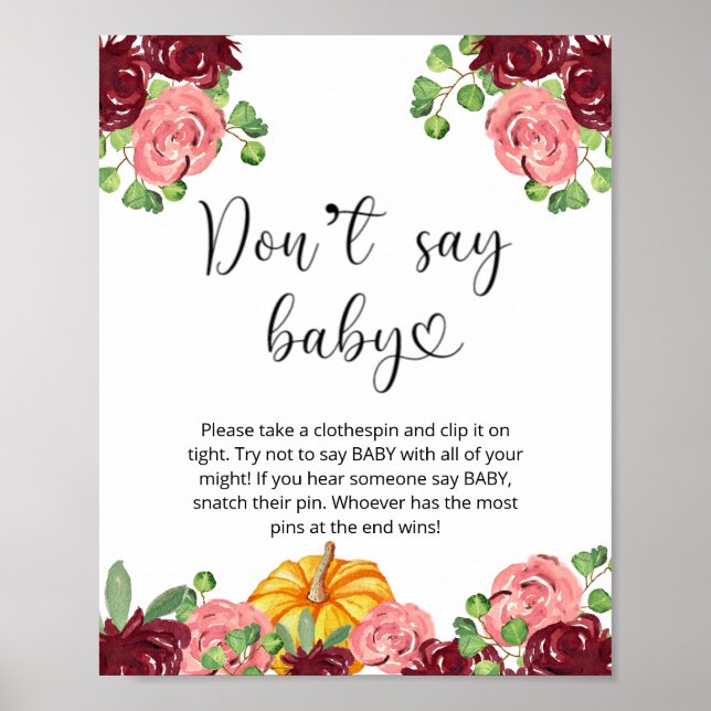Pequeno pôster floral de abóbora Não diga bebê (Frente)