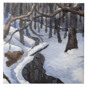 Pequeno riacho em neve de inverno com águas escur