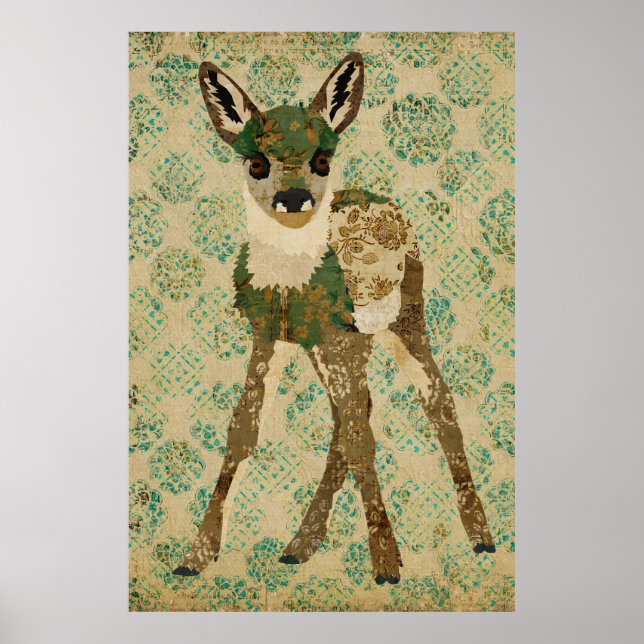Pequeno Teal Floral Fawn Art Poster (Frente)