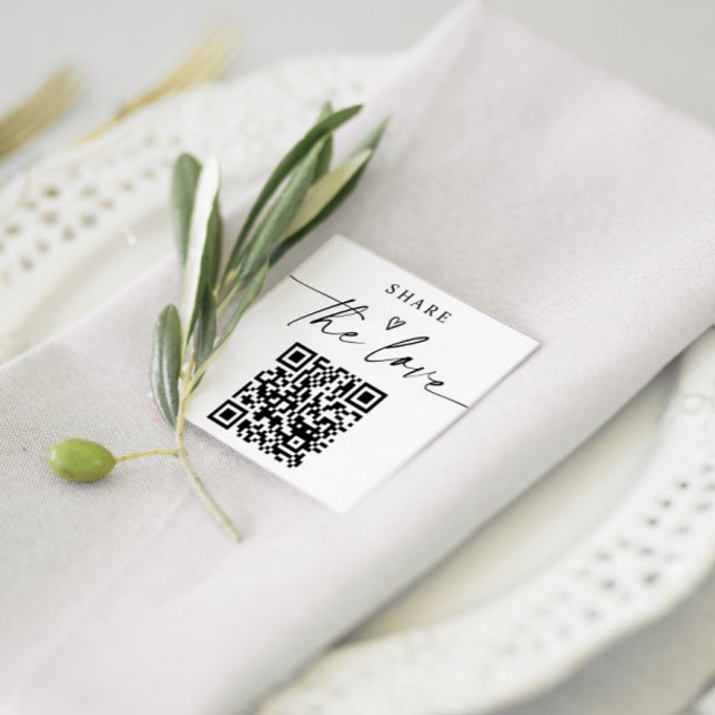 Pequenos cartões modernos 'Compartilhe o Amor' com (Small QR Code Share the Love Cards for Wedding Receptions - Elegant Modern Handwriting)