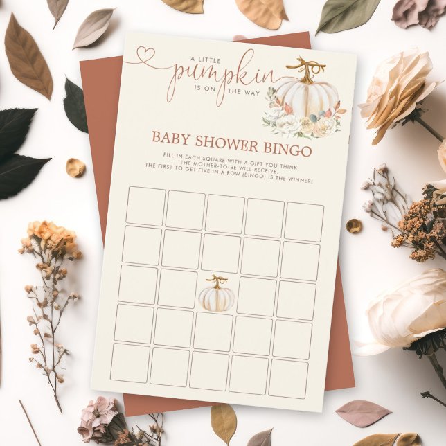 Pequenos Jogos Russos de Chá de Bingo de Bomba (A soon-to-be mom will love this watercolor autumn pumpkin floral design bingo baby shower card.)