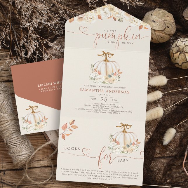 Pequenos Livros de outono de Abóbora para Bebê (All in one invite featuring a charming design that includes pumpkins and a books for baby included.)