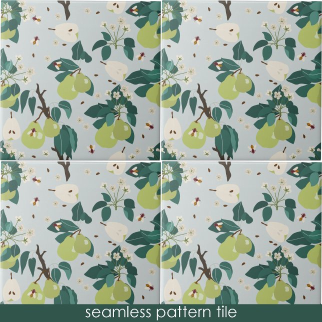 Peras e Abelhas em Cozinha de Jardim Botânico Flor (Pears & Bees in a Botanical Floral Garden Kitchen Ceramic Tile)