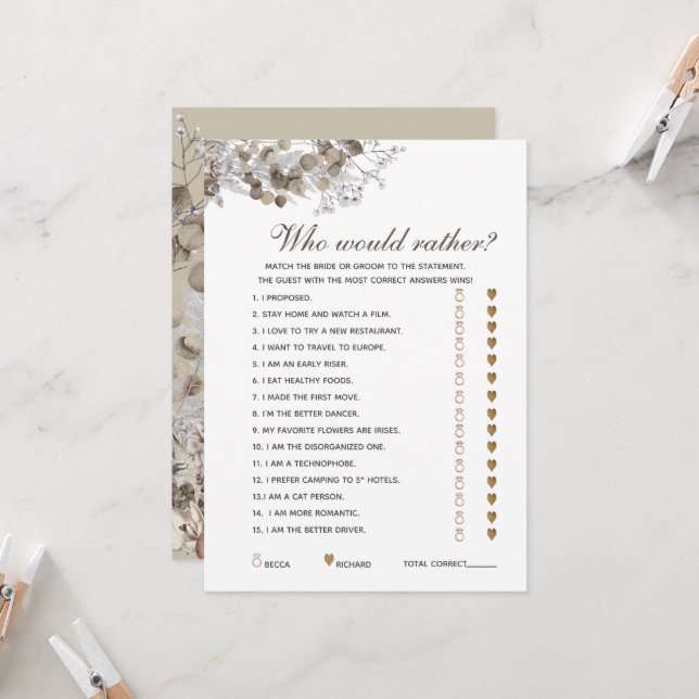 Perguntas editáveis Cartão de Jogo de Chá de panel (Frente/Verso In Situ)