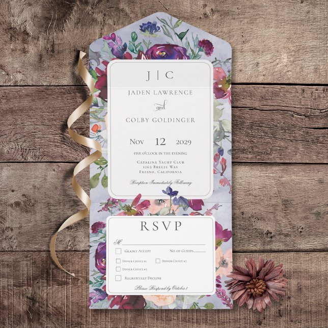 Periwinkle Maroon & Blush Janto Floral Rustic (Periwinkle Maroon & Blush Rustic Floral All In One Wedding Invitation with Dinner Options)
