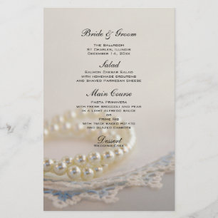 Pérolas brancas e menu azul do casamento do laço