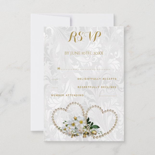 Pérolas Corações & Flores Casamento Damask RSVP (Frente)