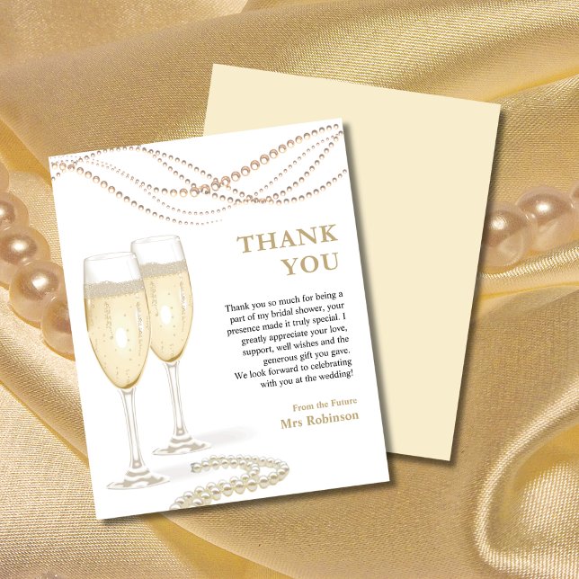 Pérolas e Cartões de agradecimentos do Chá de pane (Pearls & Prosecco Bridal Shower Thank You Card )