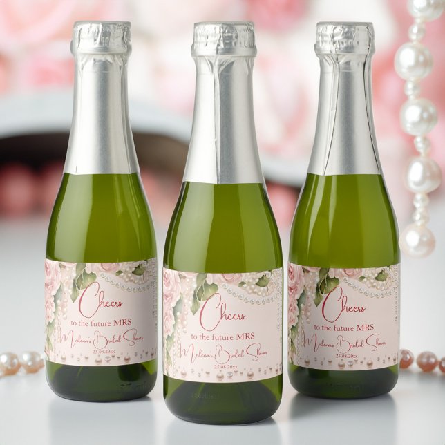 Pérolas e favores do chá de panela prosecco (Pearls and prosecco bridal shower favors personalized printed sparkling wine label mini champagne)