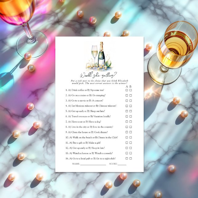 Pérolas e Prosecco Ela Preferencialmente? Jogo Bri (Pearls and Prosecco Would She Rather? Bridal Shower Game)