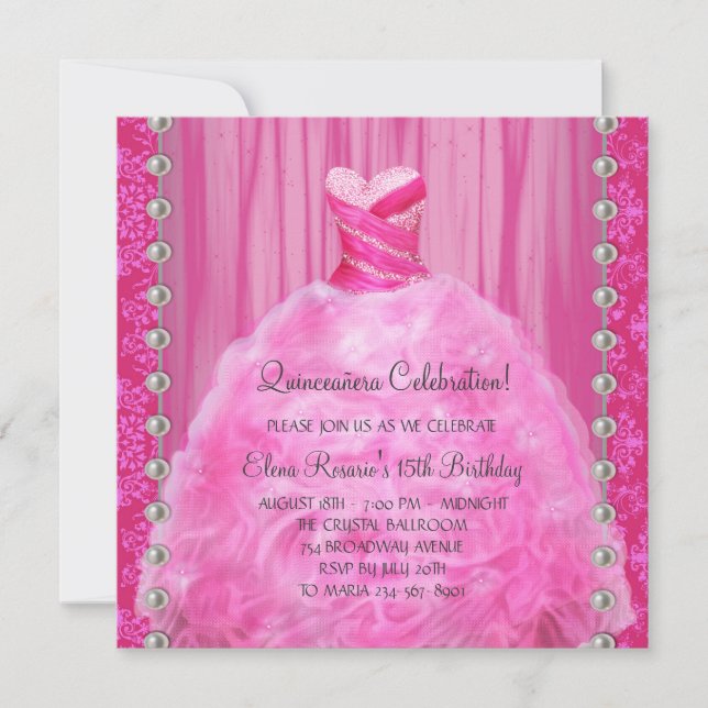Pérolas Rosa Neon de Vestido de Festa Convite de Q (Frente)